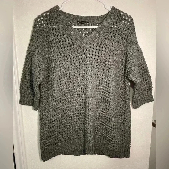 Lafayette 148 Gray Heavy Cotton Open Knit Chunky Short Sleeve V Neck Sweater - Picture 1 of 7